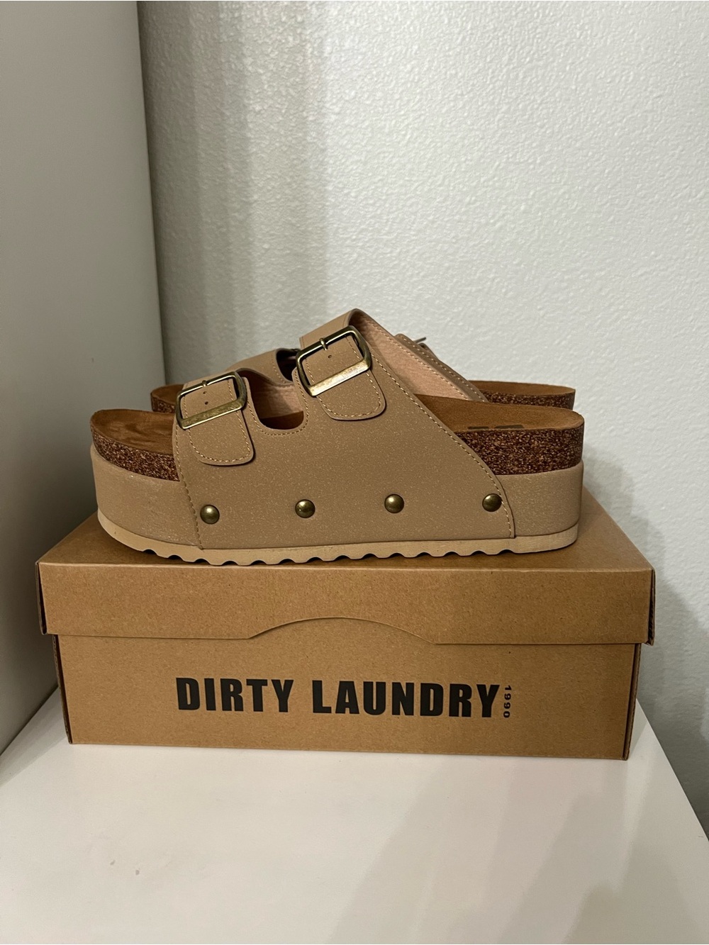Dirty Laundry Beige Platform Slide Sandals with Double Buckles